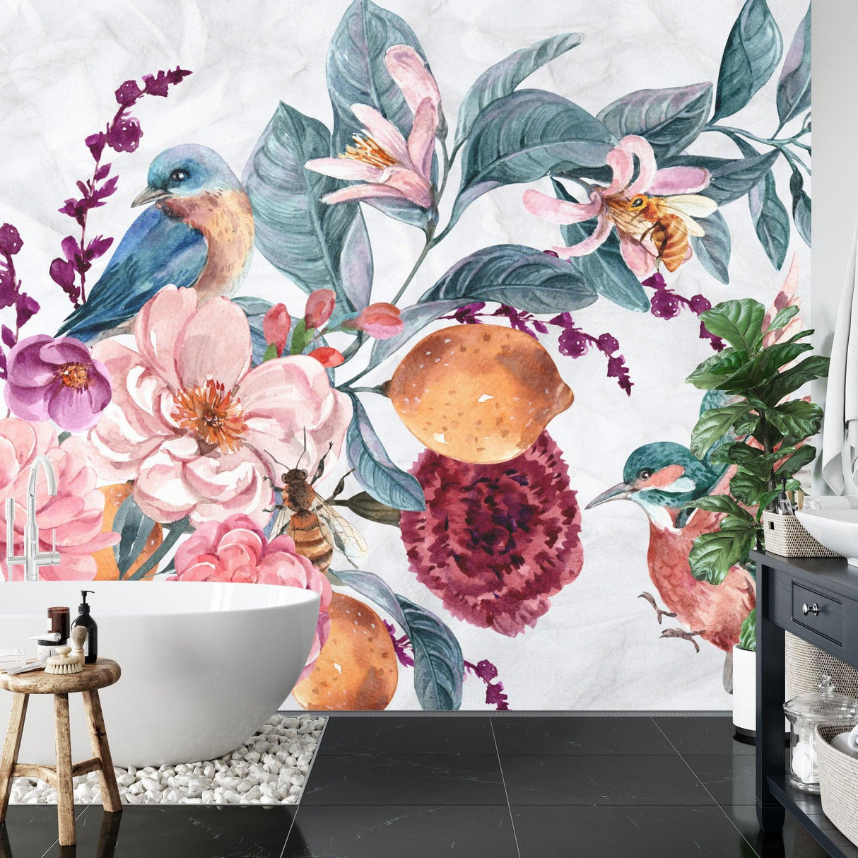 Garden birds wallpaper bringing nature indoors in a cozy bedroom space