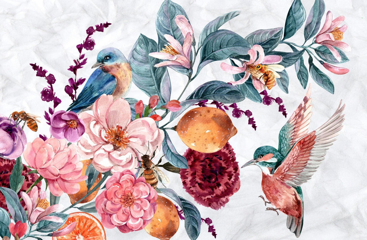 Design file of watercolor hummingbird and floral pattern showing intricate botanical details
