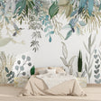 Hummingbird wallpaper mural in bright modern living room showing scale and natural light interaction