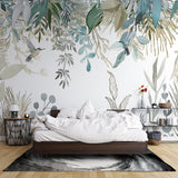 Botanical birds wall mural creating peaceful atmosphere in master bedroom