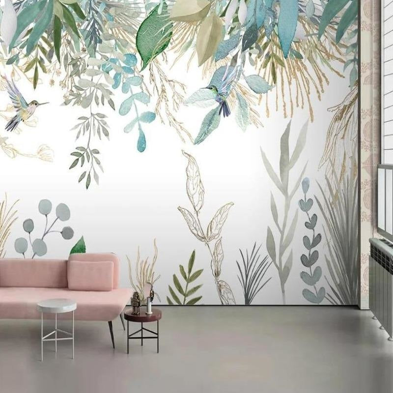 Botanical mural wallpaper bringing nature into reading nook
