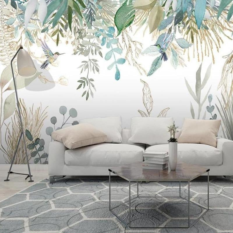 Birds wall mural creating calm atmosphere in meditation room