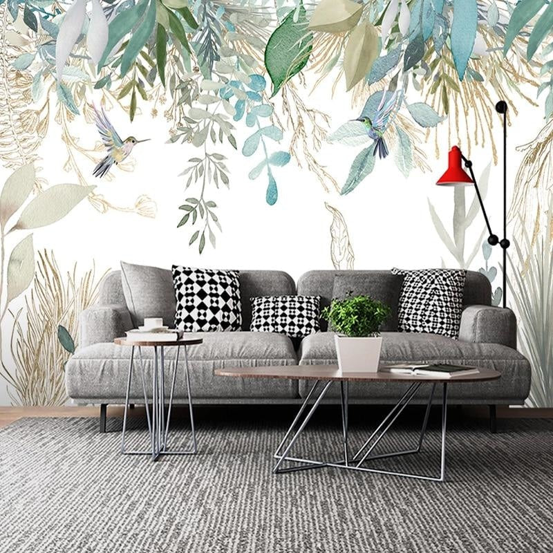 Watercolor bird wallpaper transforming a home office into a calming workspace