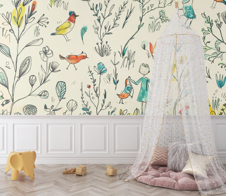 Birds Wallpaper styled in bright nursery with white furniture showing cheerful garden scene