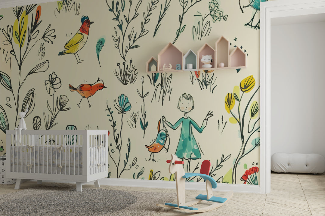 Whimsical Birds Wallpaper in children's reading nook with cozy seating