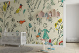 Whimsical Birds Wallpaper in children's reading nook with cozy seating