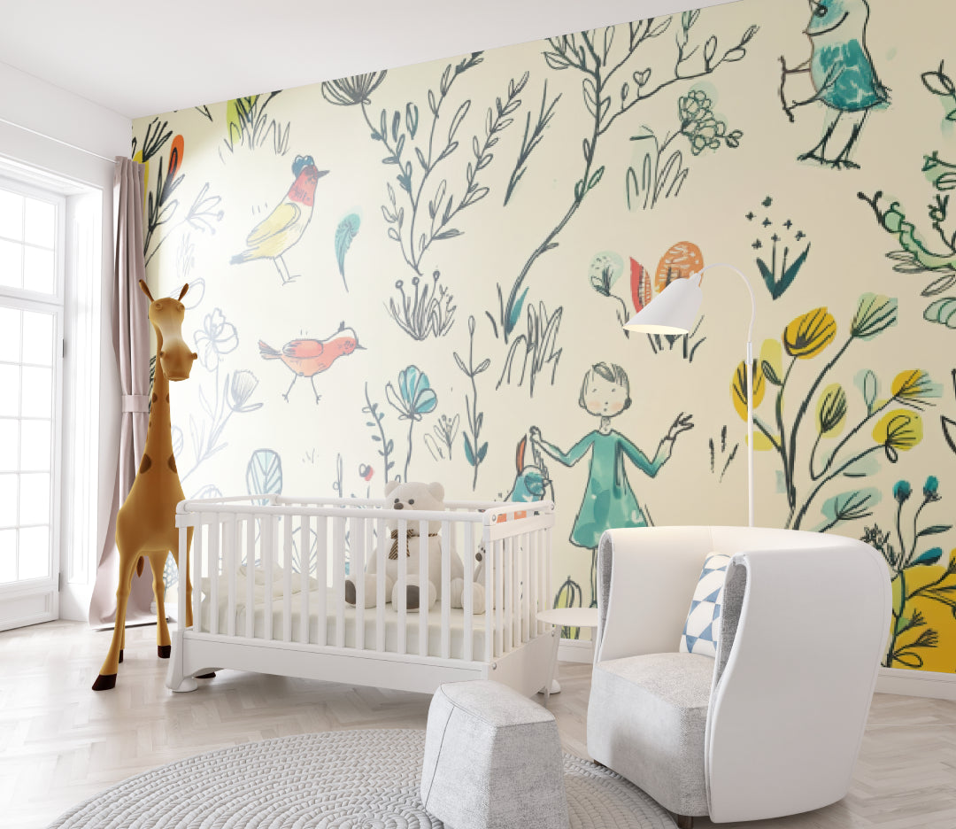 Watercolor Birds Wallpaper brightening home office space with natural light
