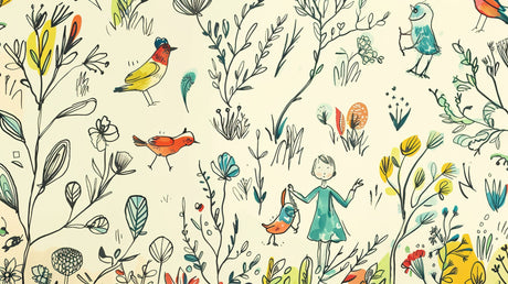 Whimsical Garden Birds Wallpaper design file showing delicate watercolor pattern and hand-drawn details