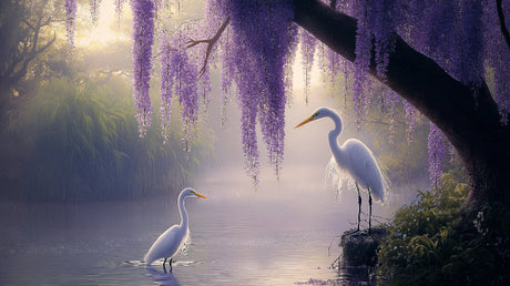 White Herons Lake Wallpaper creating a peaceful atmosphere in a modern living room with natural light