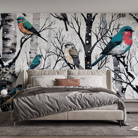Winter Birds Wallpaper in cozy living room showing colorful birds among snow-covered trees, creating a peaceful natural atmosphere