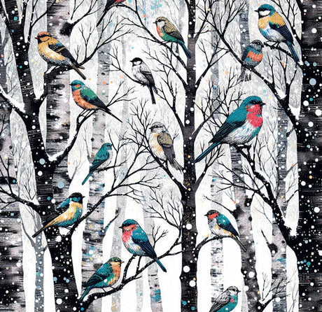 Birds Mural Wallpaper design file showing detailed winter forest pattern with vibrant songbirds