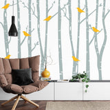 Birch Forest Mural Wallpaper | Yellow Birds and Grey Trees