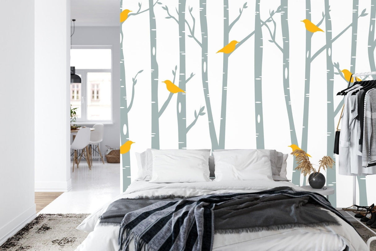 Birch Forest Mural Wallpaper | Yellow Birds and Grey Trees