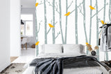 Birch Forest Mural Wallpaper | Yellow Birds and Grey Trees