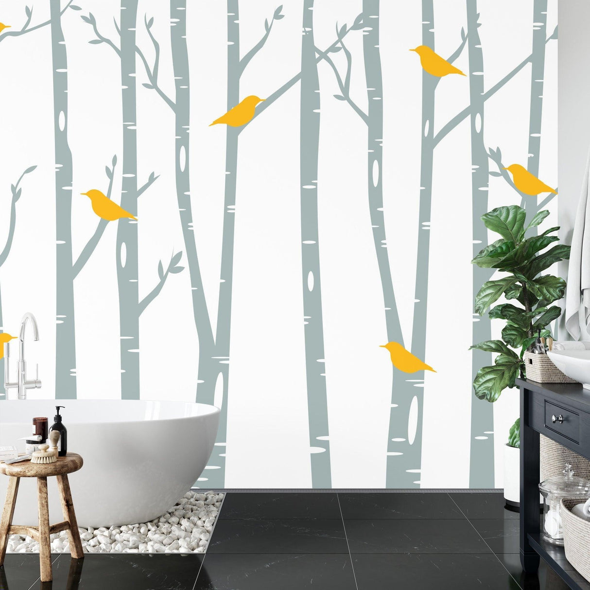 Birch Forest Mural Wallpaper | Yellow Birds and Grey Trees