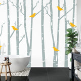 Birch Forest Mural Wallpaper | Yellow Birds and Grey Trees