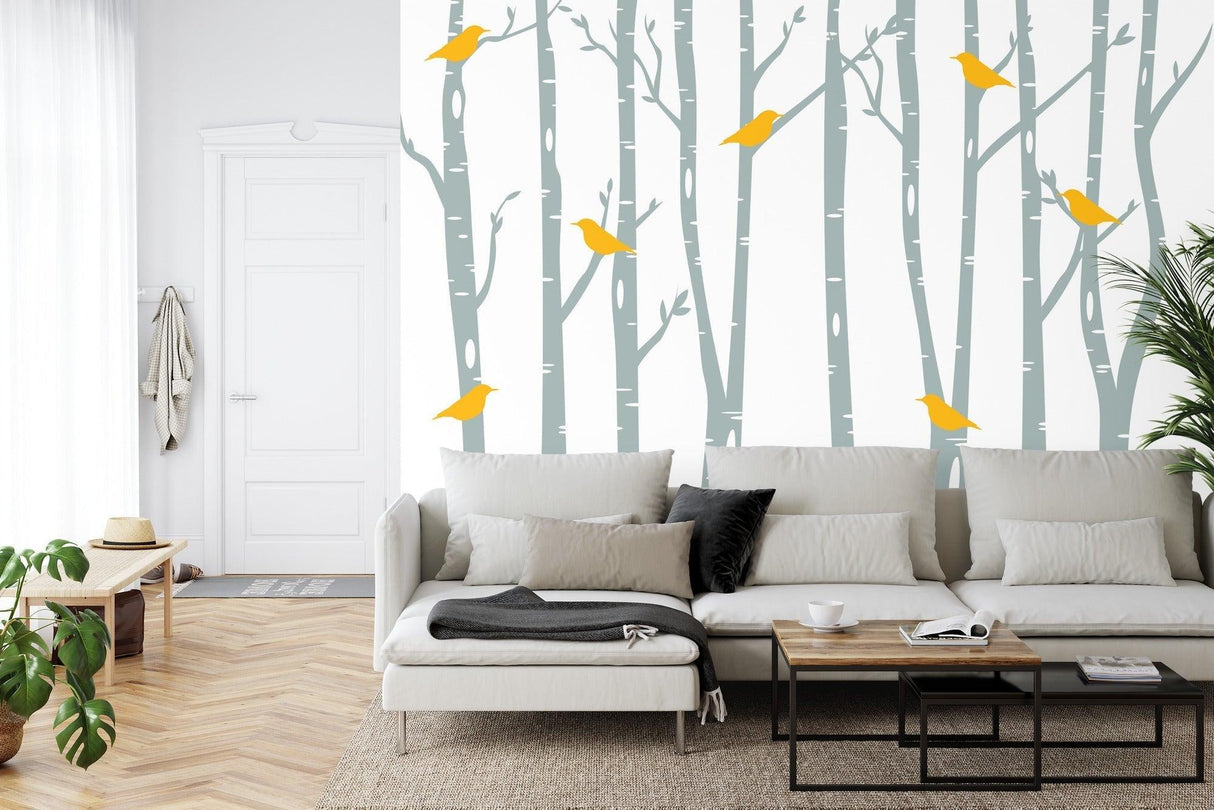 Birch Forest Mural Wallpaper | Yellow Birds and Grey Trees