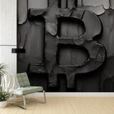 Bitcoin 3D wallpaper creating dramatic effect in modern home office with black desk and ambient lighting