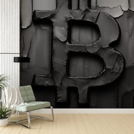 Bitcoin 3D wallpaper creating dramatic effect in modern home office with black desk and ambient lighting