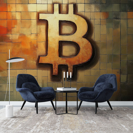 Bitcoin 3D wallpaper displayed in a modern office meeting room, showing gold metallic finish with dramatic lighting