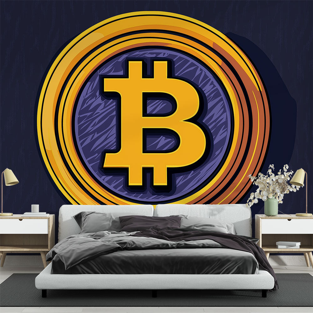 Bitcoin wallpaper mural showcased in a modern office space with gold accents and sleek furniture