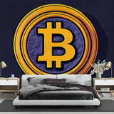 Bitcoin wallpaper mural showcased in a modern office space with gold accents and sleek furniture