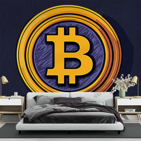 Bitcoin wallpaper mural showcased in a modern office space with gold accents and sleek furniture