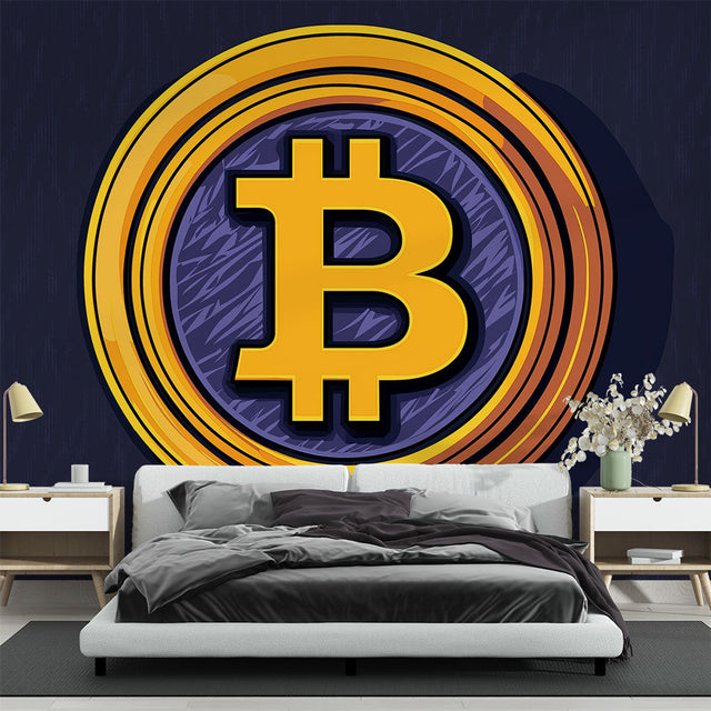 Bitcoin wallpaper mural showcased in a modern office space with gold accents and sleek furniture