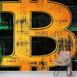 Bitcoin wall mural displayed in a modern office space, orange typography design creating a bold focal point against dark walls