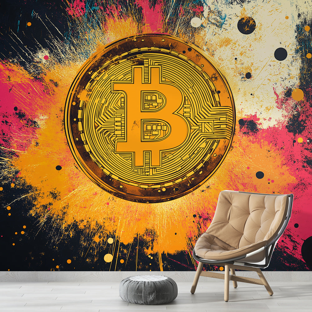 Bitcoin wallpaper mural displayed in a modern office space, showing vibrant golden cryptocurrency design against dark walls
