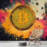 Bitcoin wallpaper mural displayed in a modern office space, showing vibrant golden cryptocurrency design against dark walls