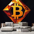 Bitcoin geometric wallpaper in modern home office featuring orange diamond pattern and black background