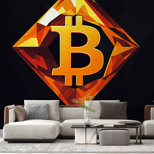 Bitcoin geometric wallpaper in modern home office featuring orange diamond pattern and black background