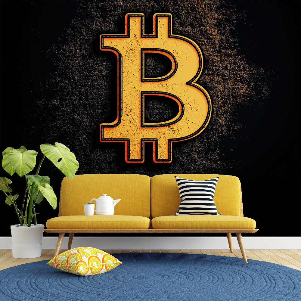 Bitcoin gold wallpaper design in modern home office setting with glass desk and leather chair