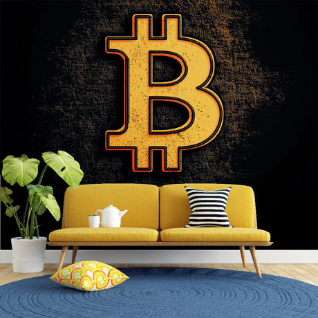 Bitcoin gold wallpaper design in modern home office setting with glass desk and leather chair