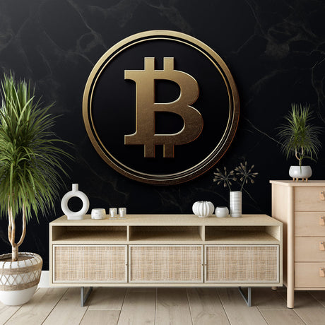Bitcoin wallpaper mural creating a professional atmosphere in a modern office meeting room with glass table and leather chairs