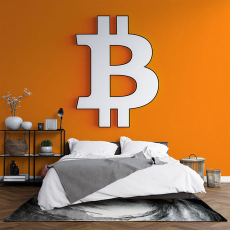Bitcoin wallpaper mural showcased in a modern office meeting room with glass walls and sleek furniture