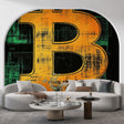Modern Bitcoin wallpaper mural displayed in a sleek home office with minimalist furniture and ambient lighting