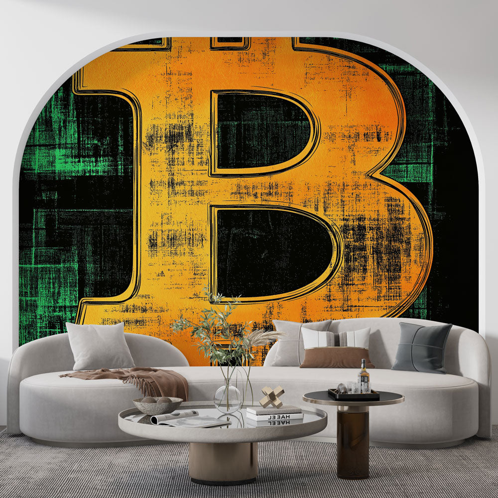 Modern Bitcoin wallpaper mural displayed in a sleek home office with minimalist furniture and ambient lighting