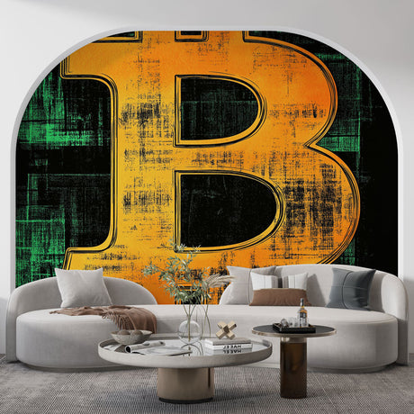 Modern Bitcoin wallpaper mural displayed in a sleek home office with minimalist furniture and ambient lighting