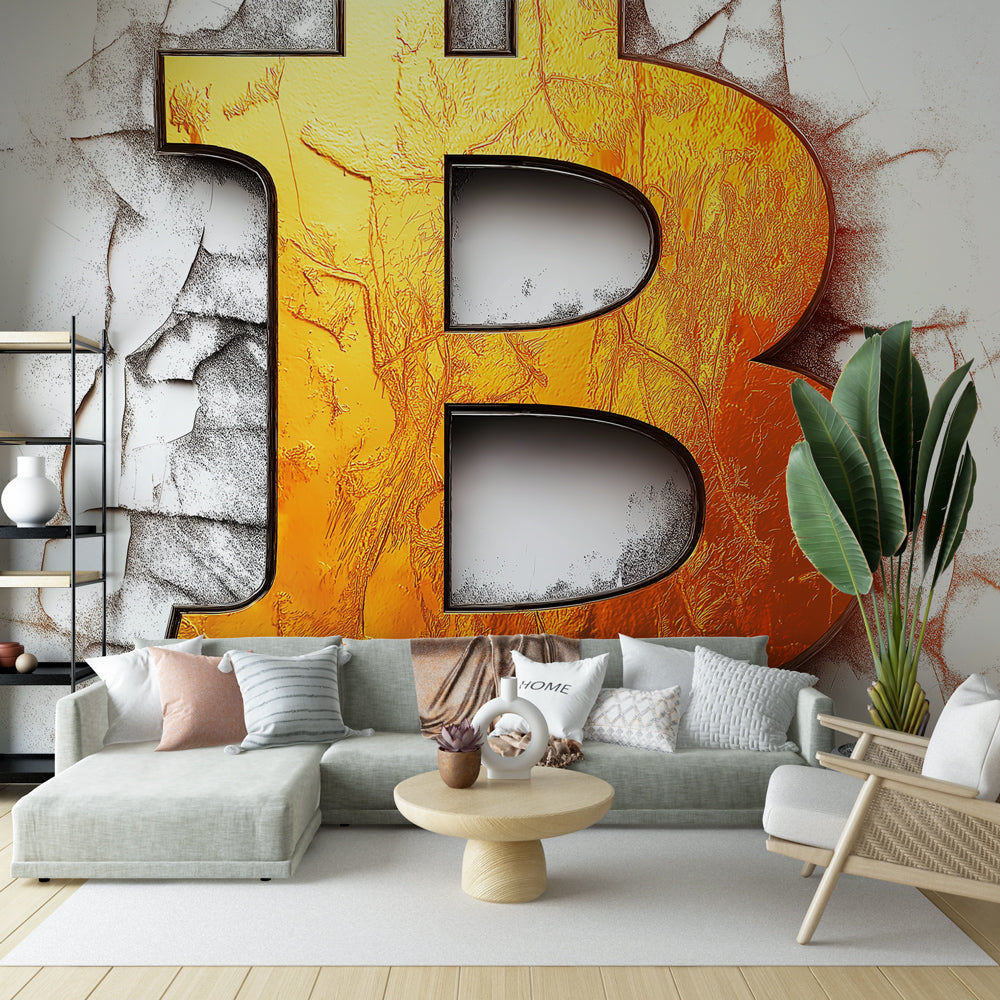 Modern Bitcoin wallpaper mural showcased in a sleek home office with glass desk and minimalist furniture