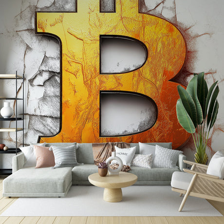 Modern Bitcoin wallpaper mural showcased in a sleek home office with glass desk and minimalist furniture