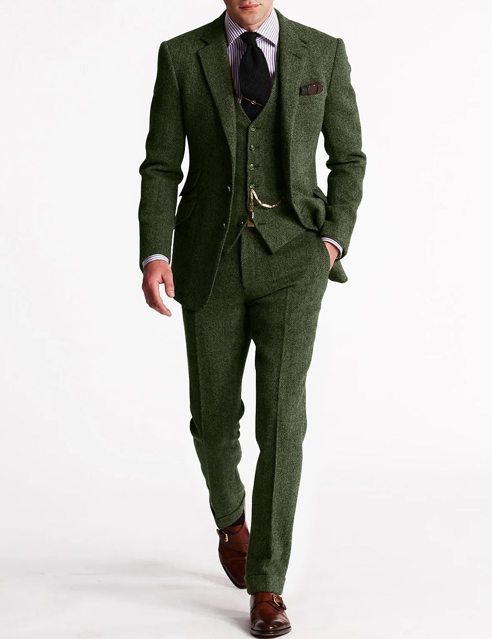 Classic Tweed Three Piece Suit  Brown Herringbone Wool Blend - Detailed view