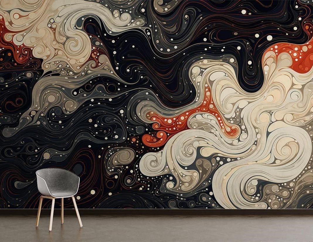 Abstract Mural Wallpaper | Fluid Art in Black White and Terracotta