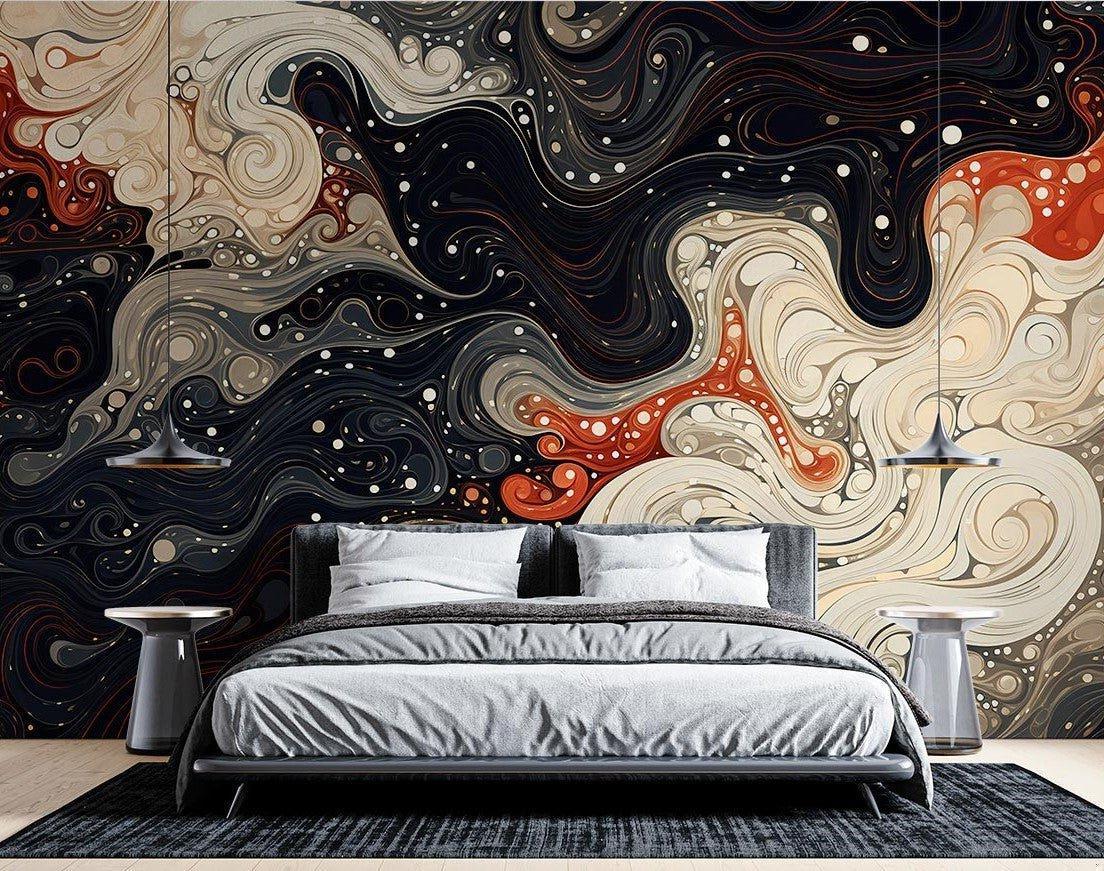 Abstract Mural Wallpaper | Fluid Art in Black White and Terracotta