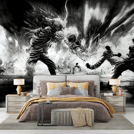 Black and white art wallpaper creating dramatic impact in a modern living room with minimalist furniture