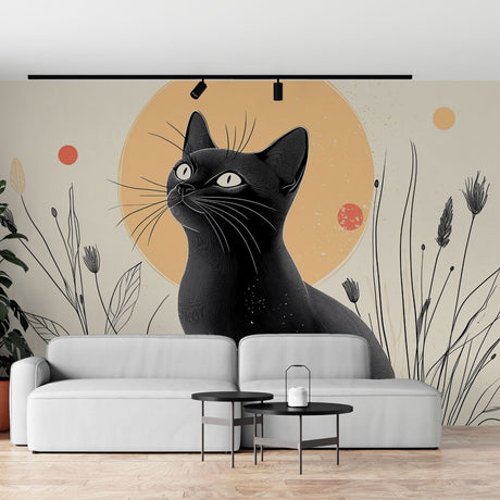 Japanese black cat wall mural creating a zen atmosphere in a modern minimalist living room with natural light