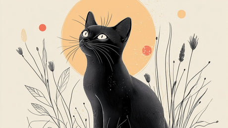 Black cat minimalist design file with golden sun circle and botanical elements