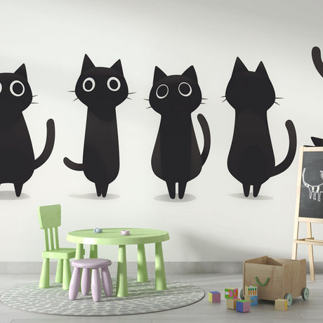 Black cat wallpaper mural styled in a modern Scandinavian living room, showing clean minimalist design impact