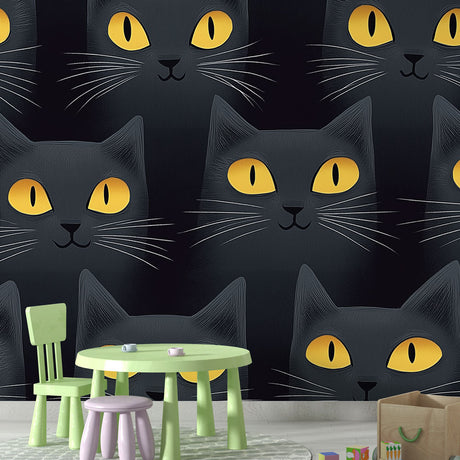 Black cat pattern wallpaper creating a dramatic accent wall in a modern living room with golden lighting